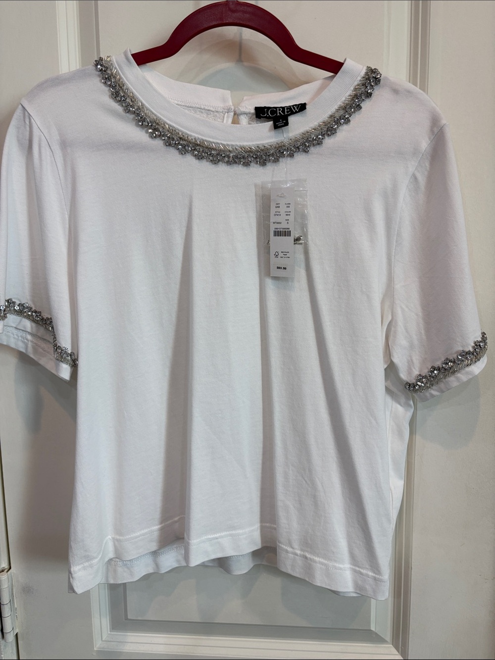 J. Crew White Short-Sleeve Tee with Silver Crystal Trim- NWT